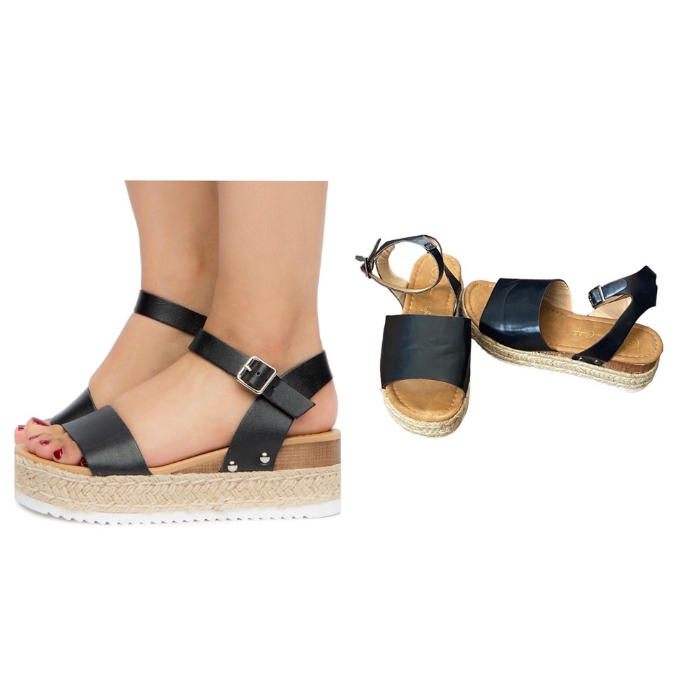 Jessica Carlyle Thea Black Espadrille Platform Lug Sole Sandals Women's 6